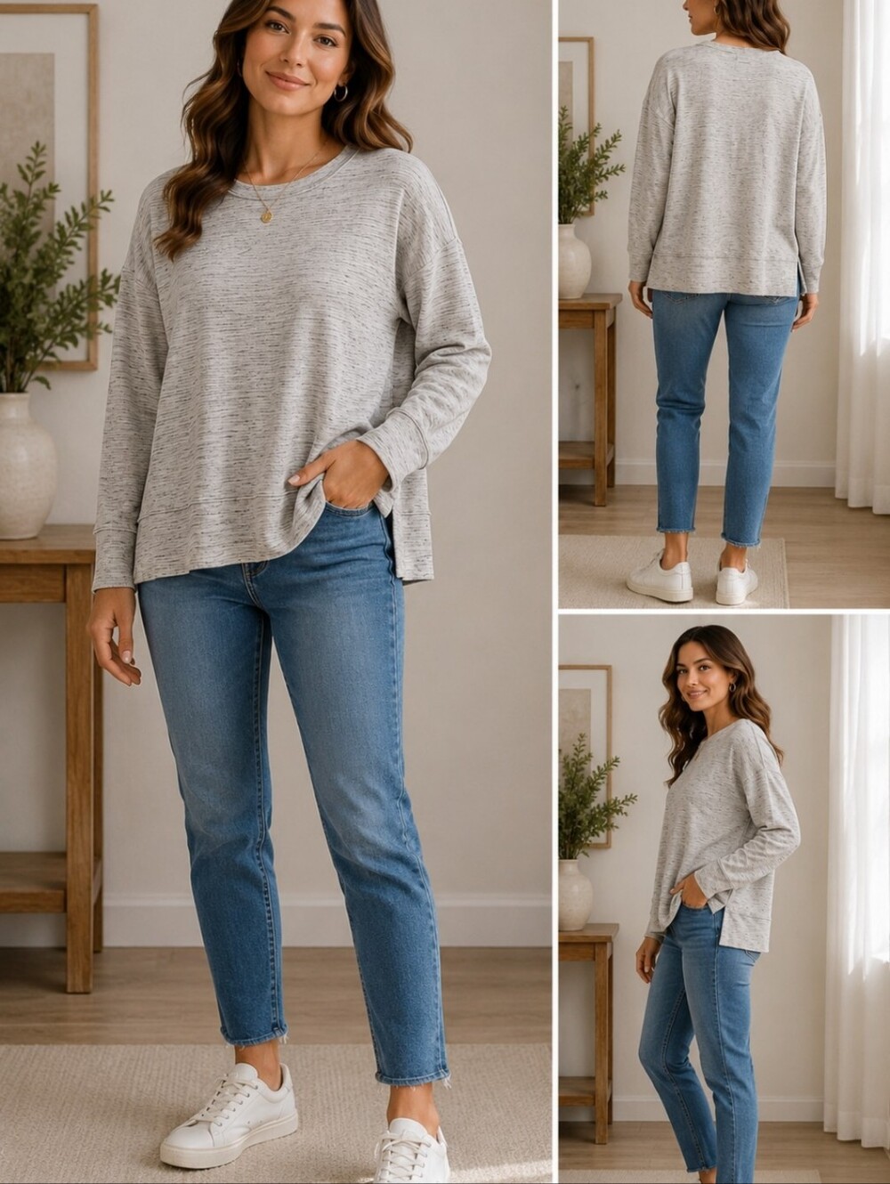 Aerie marled grey lightweight crewneck sweatshirt with side slits.